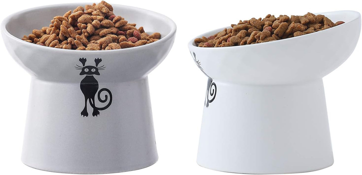 Tilted Raised Cat Food and Water Bowl Set,Elevated Slanted Cat Feeder Bowls,Ceramic Pet Bowls,Protect Pet'S Spine,Backflow Prevention,2 Pack(White&Grey)