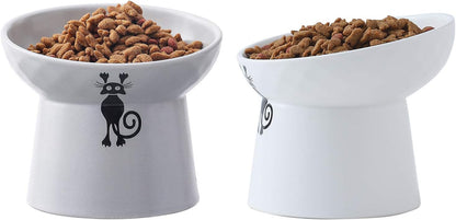 Tilted Raised Cat Food and Water Bowl Set,Elevated Slanted Cat Feeder Bowls,Ceramic Pet Bowls,Protect Pet'S Spine,Backflow Prevention,2 Pack(White&Grey)