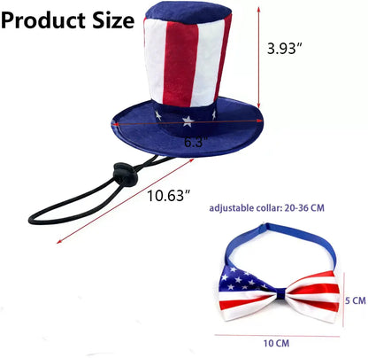 Patriotic Dog & Cat Accessories Uncle Sam Hat-Bow Tie Set, Adjustable 4Th of July USA Flag Outfit, Cute Pet Photo Prop for Independence Day, Memorial Day Parties