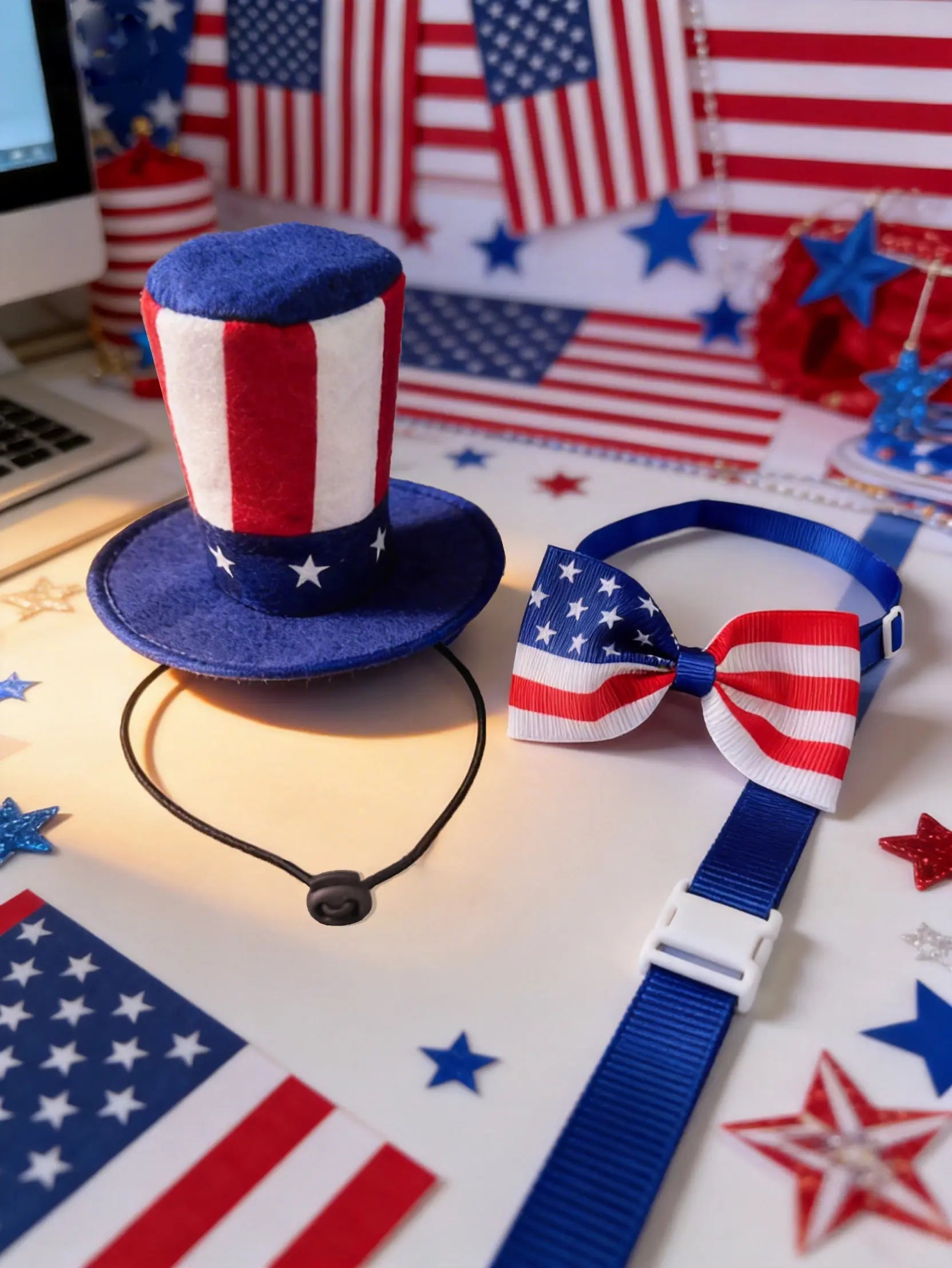 Patriotic Dog & Cat Accessories Uncle Sam Hat-Bow Tie Set, Adjustable 4Th of July USA Flag Outfit, Cute Pet Photo Prop for Independence Day, Memorial Day Parties