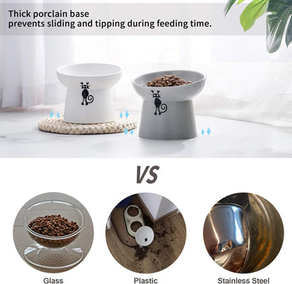 Tilted Raised Cat Food and Water Bowl Set,Elevated Slanted Cat Feeder Bowls,Ceramic Pet Bowls,Protect Pet'S Spine,Backflow Prevention,2 Pack(White&Grey)