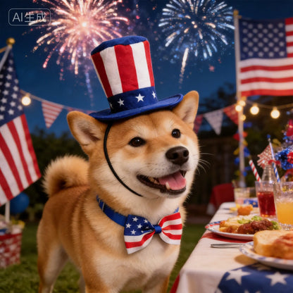 Patriotic Dog & Cat Accessories Uncle Sam Hat-Bow Tie Set, Adjustable 4Th of July USA Flag Outfit, Cute Pet Photo Prop for Independence Day, Memorial Day Parties