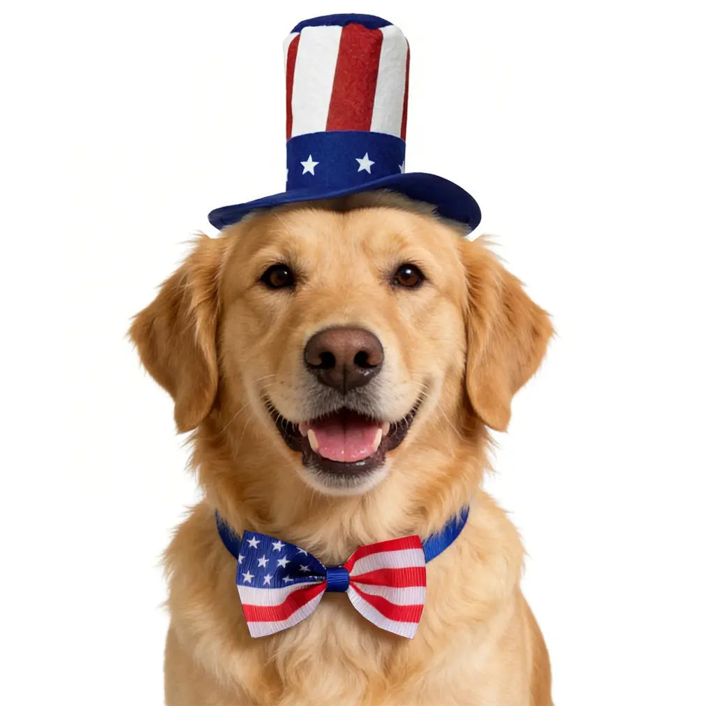 Patriotic Dog & Cat Accessories Uncle Sam Hat-Bow Tie Set, Adjustable 4Th of July USA Flag Outfit, Cute Pet Photo Prop for Independence Day, Memorial Day Parties